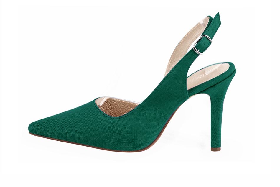 Emerald green women's slingback shoes. Pointed toe. Very high slim heel. Profile view - Florence KOOIJMAN